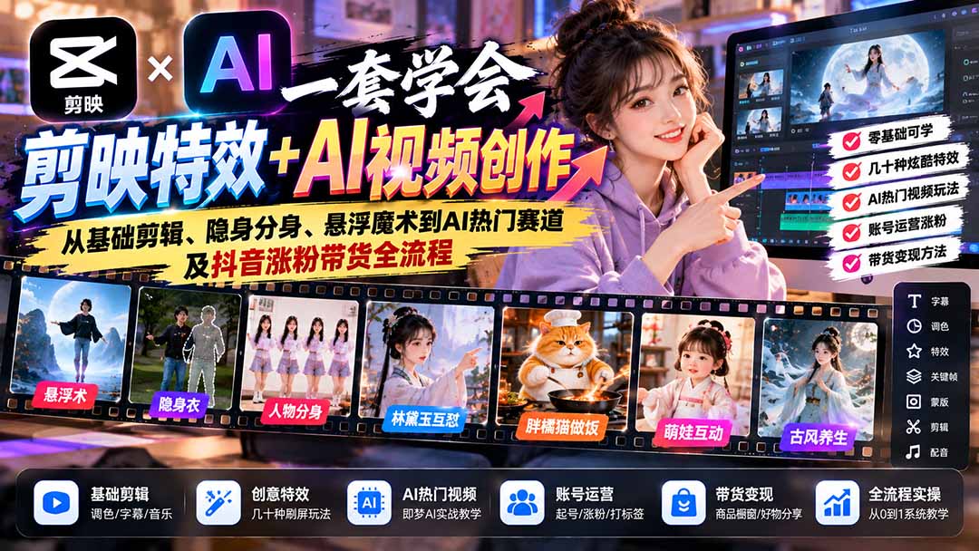 一套学会剪映特效+AI视频创作：从基础剪辑、隐身分身、悬浮魔术到AI热门赛道及抖音涨粉带货全流程采购|汽车产业|汽车配件|机加工企业家交流社群中心
