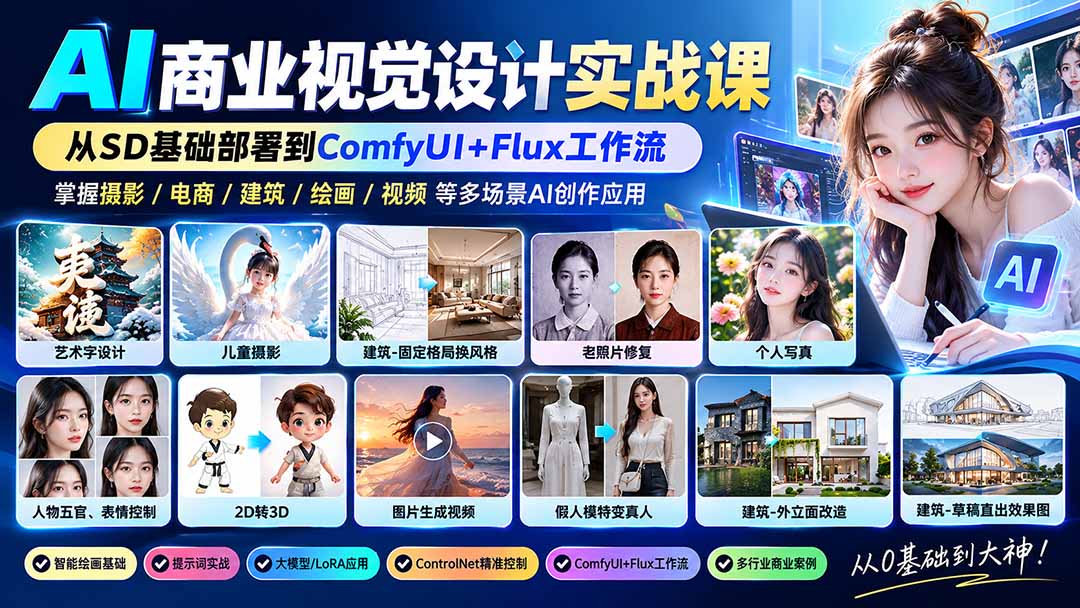 【无水印】AI商业视觉设计实战课：从SD基础部署到ComfyUI+Flux工作流，掌握摄影电商建筑AI创作采购|汽车产业|汽车配件|机加工企业家交流社群中心