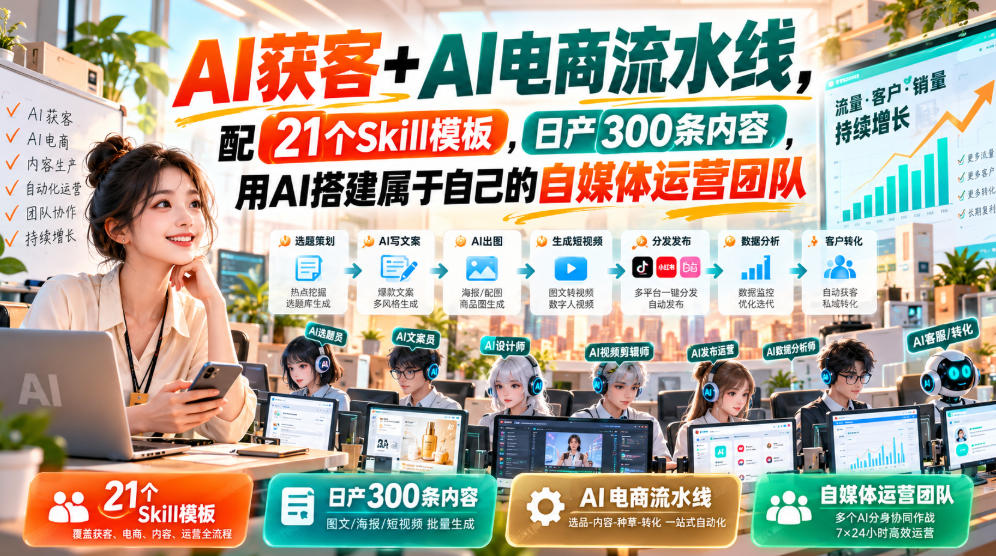 AI获客+AI电商流水线，配21个Skill模板，日产300条内容，用AI搭建属于自己的自媒体运营团队采购|汽车产业|汽车配件|机加工企业家交流社群中心