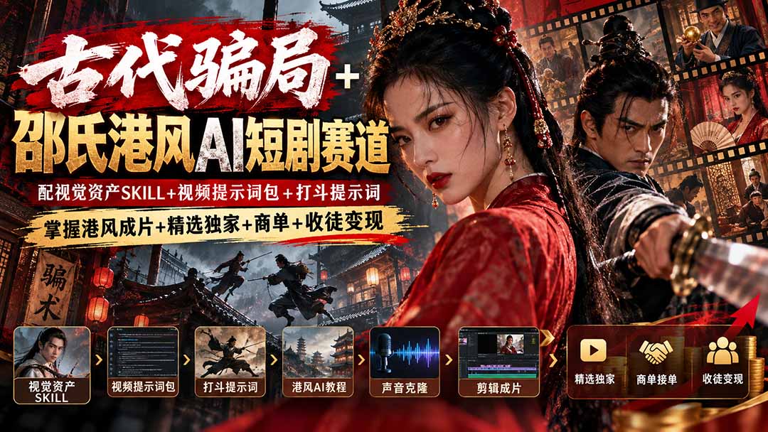 古代骗局+邵氏港风AI短剧赛道:配视觉资产SKILL+视频提示词包+打斗提示词,掌握港风成片+精选独家+商单+收徒变现采购|汽车产业|汽车配件|机加工企业家交流社群中心