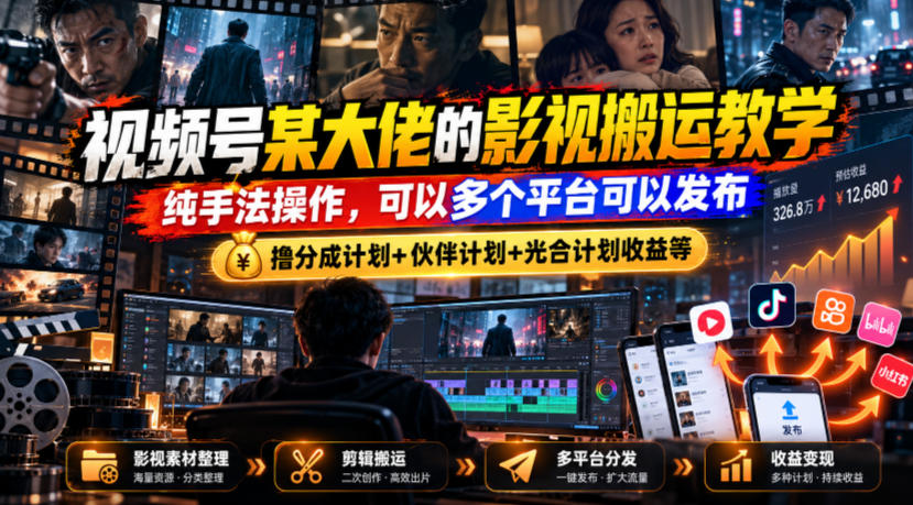 视频号某大佬的影视搬运教学，纯手法操作，可以多个平台可以发布，撸分成计划+伙伴计划+光合计划收益等采购|汽车产业|汽车配件|机加工企业家交流社群中心