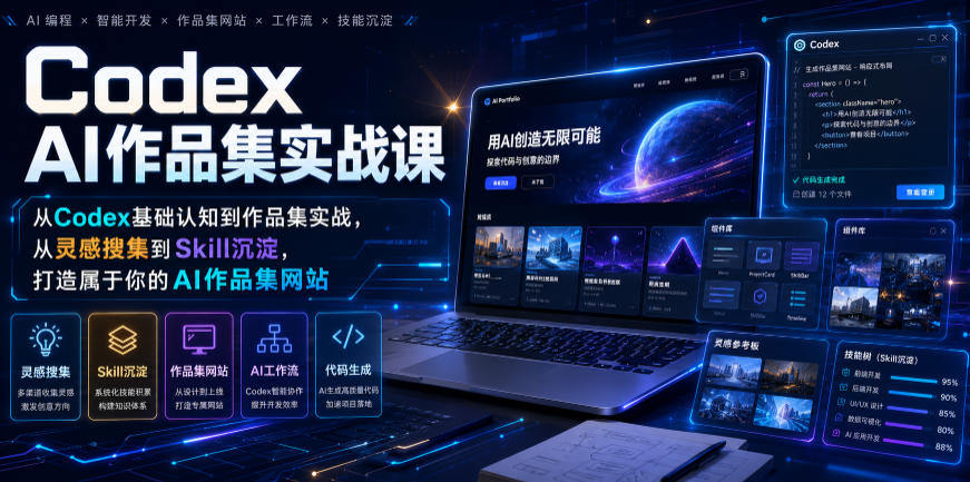 Codex AI作品集实战课,从Codex基础认知到作品集实战,从灵感搜集到Skill沉淀,打造属于你的AI作品集网站采购|汽车产业|汽车配件|机加工企业家交流社群中心