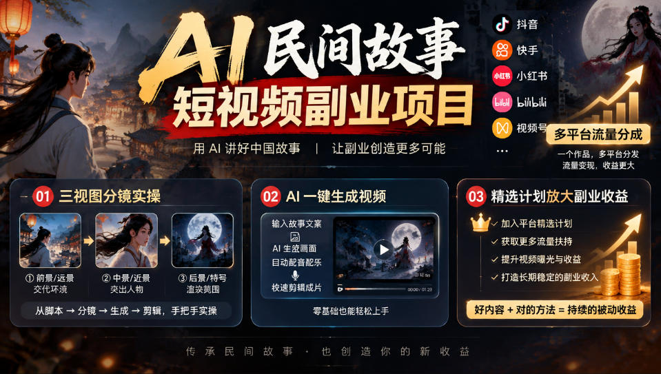 AI民间故事短视频副业项目，多平台流量分成，三视图分镜实操，精选计划放大副业收益采购|汽车产业|汽车配件|机加工企业家交流社群中心