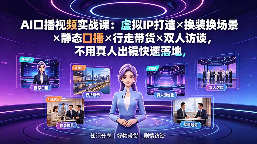 AI口播视频实战课：虚拟IP打造×换装换场景×静态口播×行走带货×双人访谈，不用真人出镜快速落地采购|汽车产业|汽车配件|机加工企业家交流社群中心