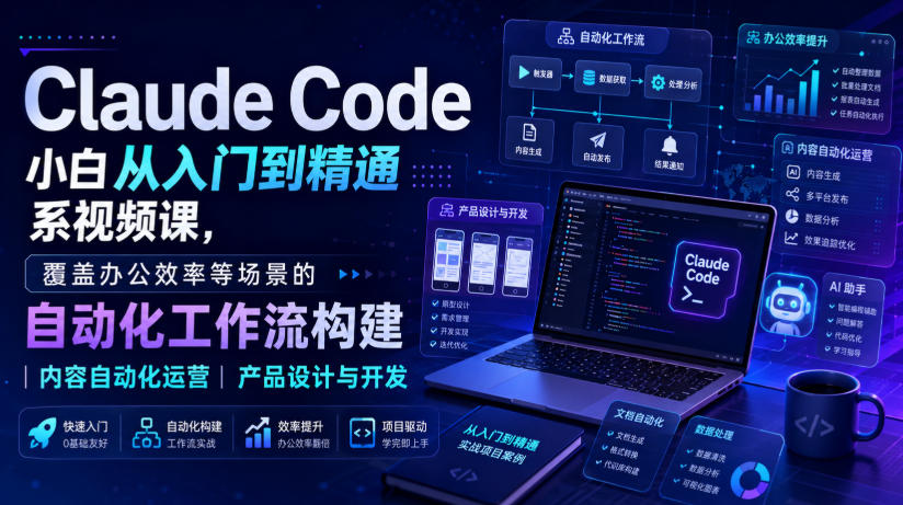 Claude Code小白从入门到精通系视频课，覆盖办公效率等场景的自动化工作流构建|内容自动化运营|产品设计与开发采购|汽车产业|汽车配件|机加工企业家交流社群中心