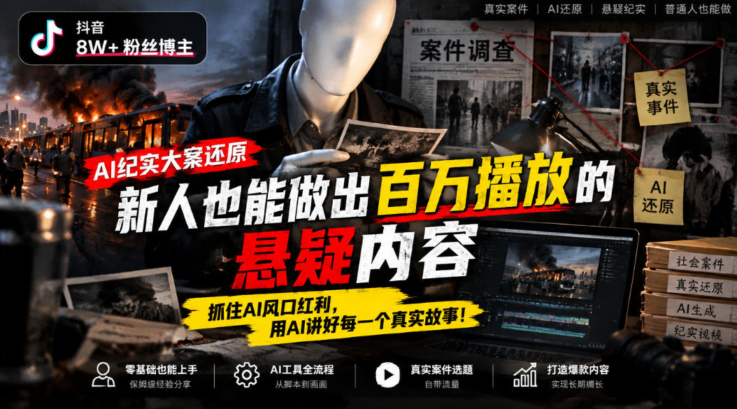 抖音8W粉丝博主的AI纪实大案还原教学，新人也能做出百W播放的悬疑内容，抓住AI风口红利，用AI讲好每一个真实故事采购|汽车产业|汽车配件|机加工企业家交流社群中心