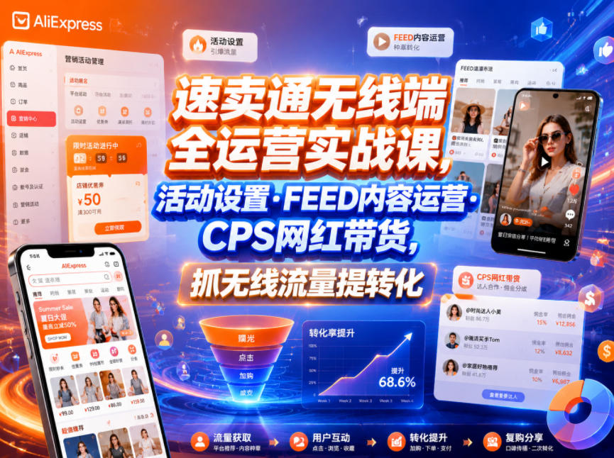 速卖通无线端全运营实战课，活动设置・FEED内容运营・CPS网红带货，抓无线流量提转化采购|汽车产业|汽车配件|机加工企业家交流社群中心
