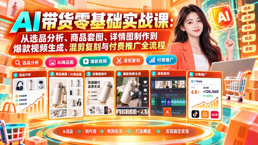 AI带货零基础实战课：从选品分析、商品套图、详情图制作到爆款视频生成、混剪复刻与付费推广全流程采购|汽车产业|汽车配件|机加工企业家交流社群中心