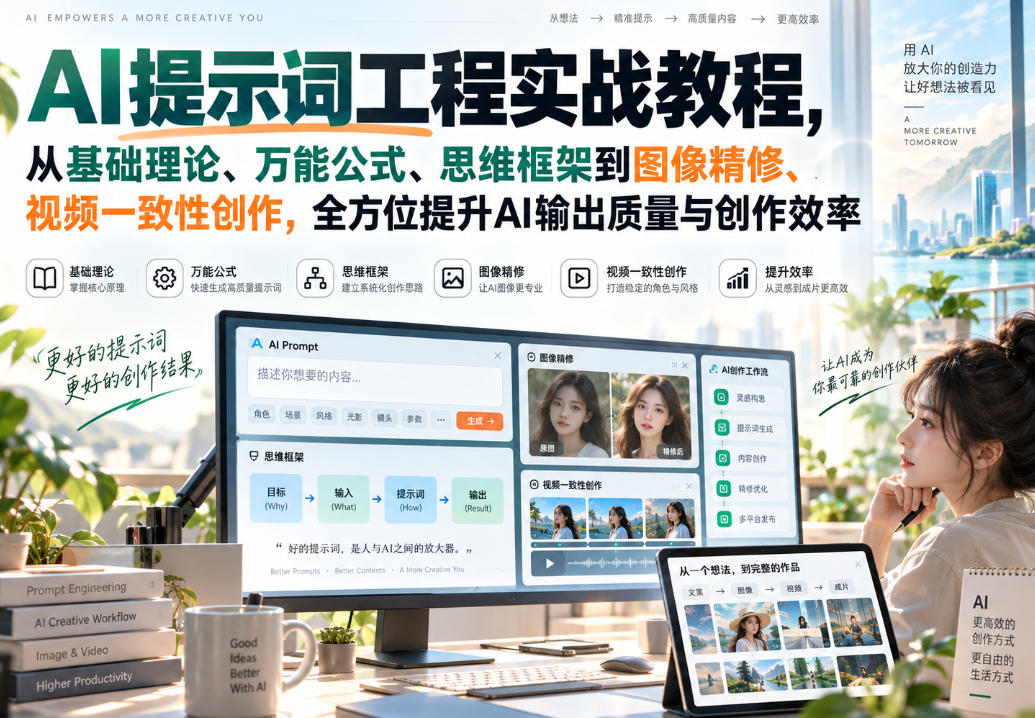 AI提示词工程实战教程,从基础理论、万能公式、思维框架到图像精修、视频一致性创作,全方位提升AI输出质量与创作效率采购|汽车产业|汽车配件|机加工企业家交流社群中心
