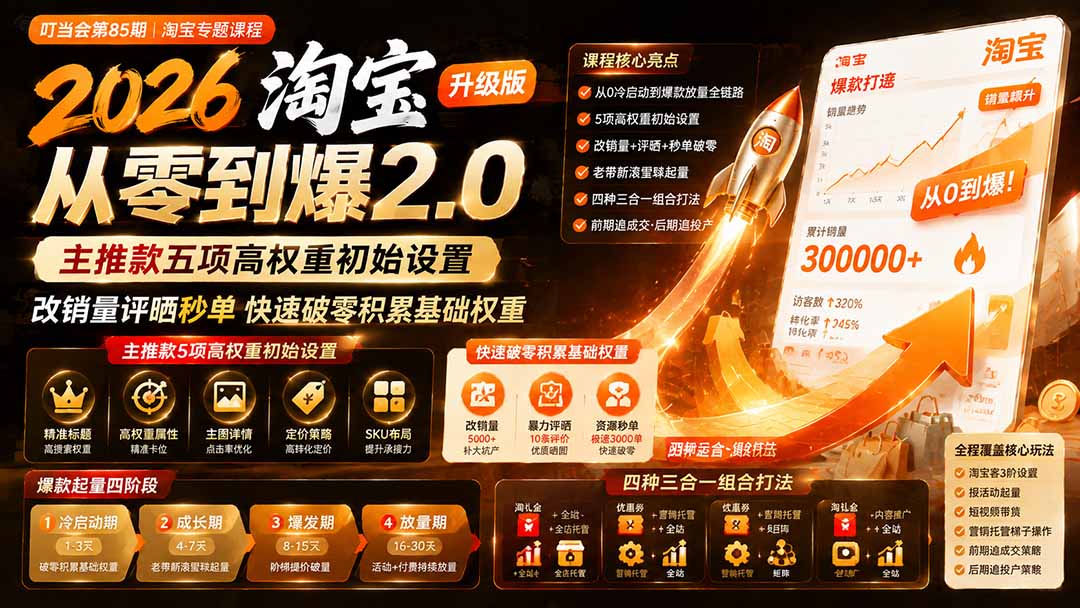 2026淘宝从零到爆2.0第85期；主推款五项高权重初始设置，改销量评晒秒单快速破零积累基础权重采购|汽车产业|汽车配件|机加工企业家交流社群中心