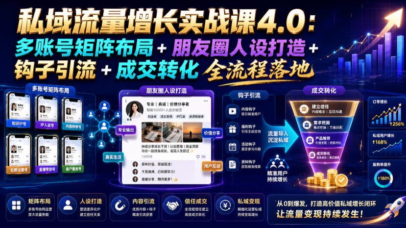 私域流量增长实战课4.0:多账号矩阵布局+朋友圈人设打造+钩子引流+成交转化全流程落地采购|汽车产业|汽车配件|机加工企业家交流社群中心