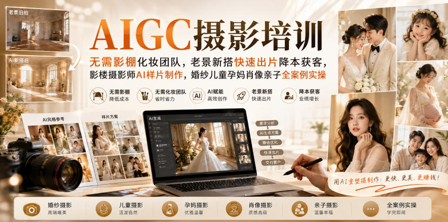 AIGC摄影培训｜无需影棚化妆团队，老景新搭快速出片降本获客，影楼摄影师AI样片制作，婚纱儿童孕妈肖像亲子全案例实操采购|汽车产业|汽车配件|机加工企业家交流社群中心