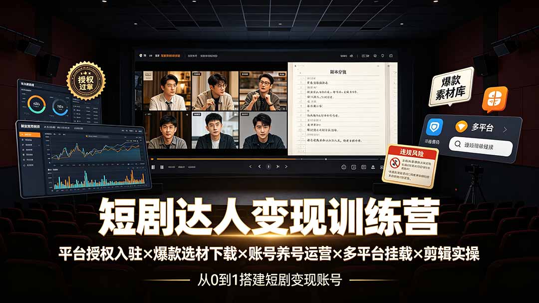 短剧达人变现训练营：平台授权入驻×爆款选材下载×账号养号运营×多平台挂载×剪辑实操×违规处理全流程采购|汽车产业|汽车配件|机加工企业家交流社群中心