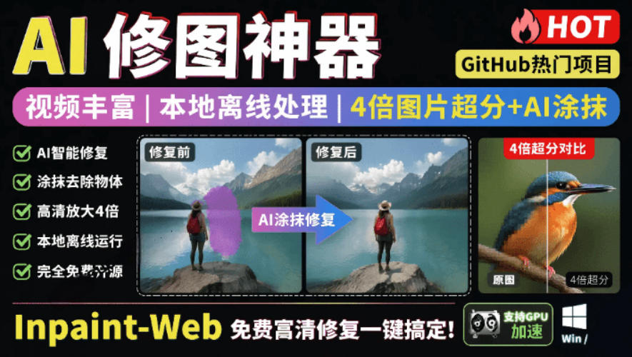 本地离线处理，4倍图片超分+AI涂抹去水印！Github上热门神器，免费高清修复图一键搞定！Inpaint-Web采购|汽车产业|汽车配件|机加工企业家交流社群中心