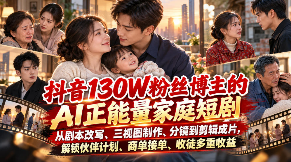 抖音130W粉丝博主的AI正能量家庭短剧，从剧本改写、三视图制作、分镜到剪辑成片，解锁伙伴计划、商单接单、收徒多重收益采购|汽车产业|汽车配件|机加工企业家交流社群中心