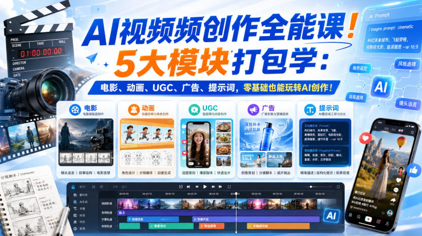 AI视频频创作全能课！5大模块打包学：电影、动画、UGC、广告、提示词，零基础也能玩转AI创作！【原创双语字幕】采购|汽车产业|汽车配件|机加工企业家交流社群中心