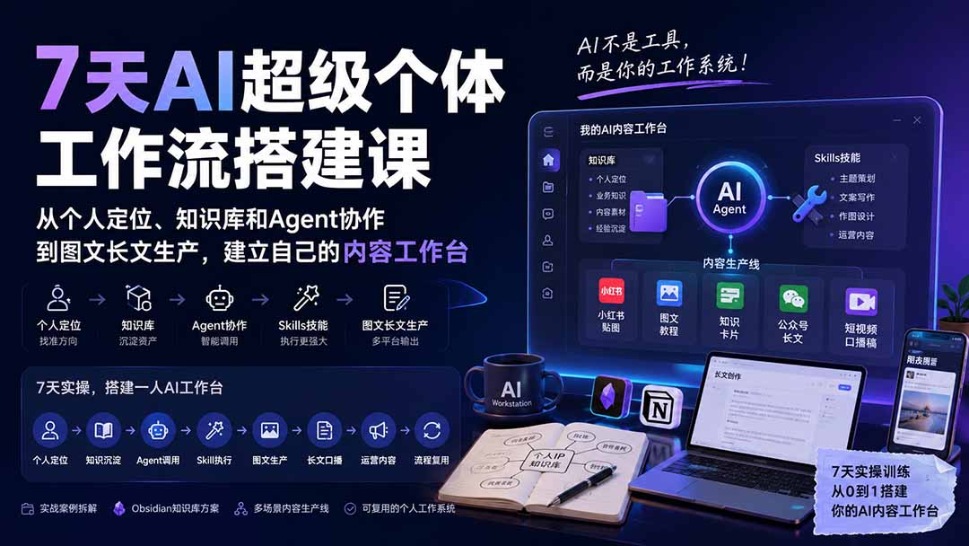 7天AI超级个体工作流搭建课：从个人定位、知识库和Agent协作到图文长文生产，建立自己的内容工作台采购|汽车产业|汽车配件|机加工企业家交流社群中心