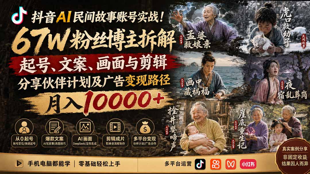 抖音AI民间故事账号实战!67W粉丝博主拆解起号、文案、画面与剪辑,分享伙伴计划及广告变现路径,月入10000+采购|汽车产业|汽车配件|机加工企业家交流社群中心