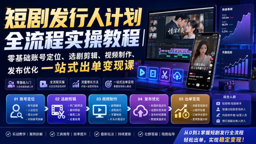 短剧发行人计划全流程实操教程|零基础账号定位、选剧剪辑、视频制作、发布优化一站式出单变现课采购|汽车产业|汽车配件|机加工企业家交流社群中心