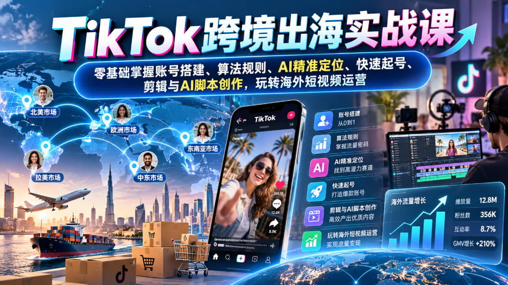 TikTok跨境出海实战课:零基础掌握账号搭建、算法规则、AI精准定位、快速起号、剪辑与AI脚本创作,玩转海外短视频运营采购|汽车产业|汽车配件|机加工企业家交流社群中心
