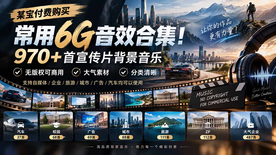 某宝付费购买，常用6G音效合集！970+首宣传片背景音乐，无版权可商用大气素材，分类清晰采购|汽车产业|汽车配件|机加工企业家交流社群中心