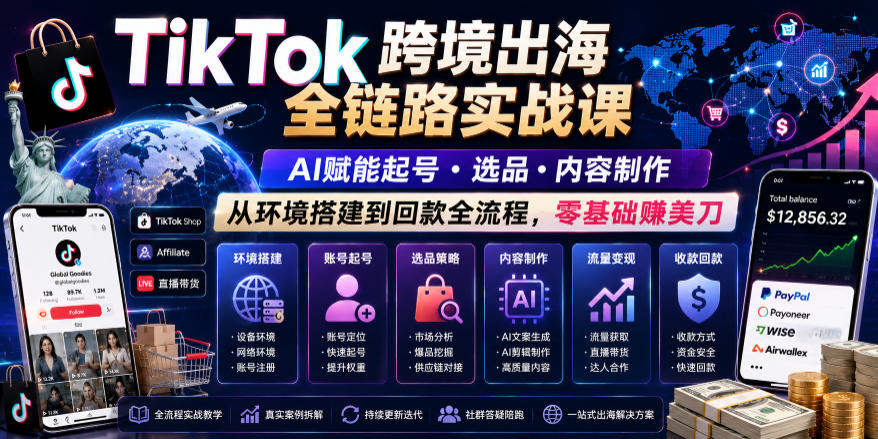 TikTok跨境出海全链路实战课,AI赋能起号・选品・内容制作,从环境搭建到回款全流程,零基础賺美刀采购|汽车产业|汽车配件|机加工企业家交流社群中心