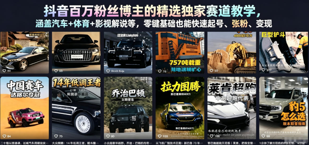 抖音百万粉丝博主的精选独家赛道教学，涵盖汽车+体育+影视解说等，零基础也能快速起号、涨粉、变现采购|汽车产业|汽车配件|机加工企业家交流社群中心