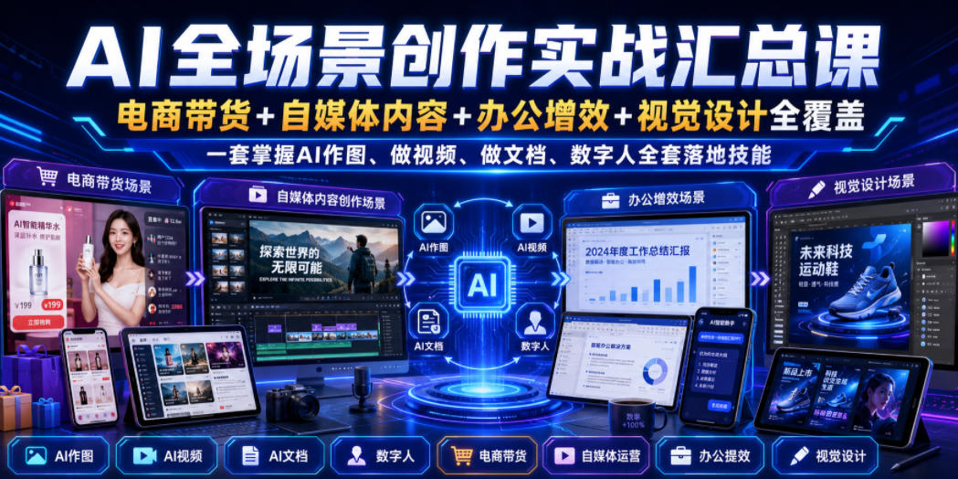 AI全场景创作实战汇总课｜电商带货+自媒体内容+办公增效+视觉设计全覆盖，一套掌握AI作图、做视频、做文档、数字人全套落地技能采购|汽车产业|汽车配件|机加工企业家交流社群中心