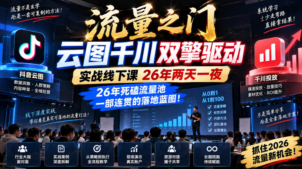 流量之门-云图千川双擎驱动实战线下课26年两天一夜，26年死磕流量池一部连贯的落地蓝图!采购|汽车产业|汽车配件|机加工企业家交流社群中心