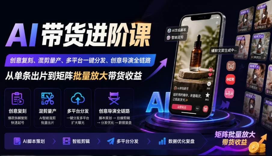 AI带货进阶课｜创意复刻、混剪量产、多平台一键分发、创意导演全链路，从单条出片到矩阵批量放大带货收益采购|汽车产业|汽车配件|机加工企业家交流社群中心