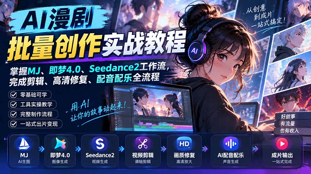 AI漫剧批量创作实战教程:掌握MJ、即梦4.0、Seedance2工作流,完成剪辑、高清修复、配音配乐全流程采购|汽车产业|汽车配件|机加工企业家交流社群中心