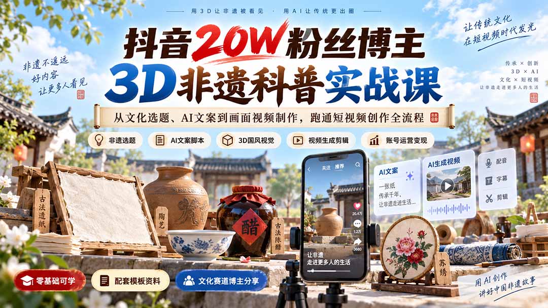 抖音20W粉丝博主3D非遗科普实战课:从文化选题、AI文案到画面视频制作,跑通短视频创作全流程采购|汽车产业|汽车配件|机加工企业家交流社群中心