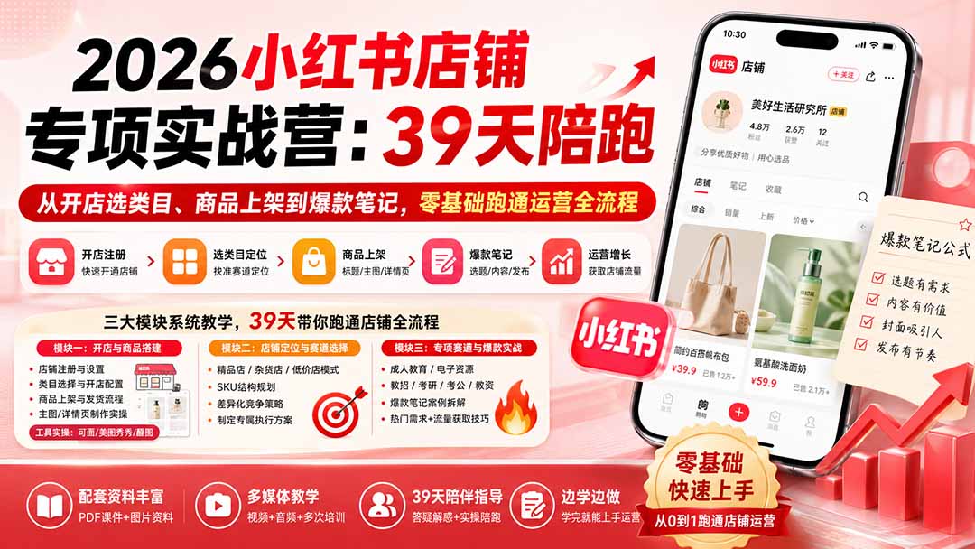 2026小红书店铺专项实战营:39天陪跑从开店选类目、商品上架到爆款笔记,零基础跑通运营全流程采购|汽车产业|汽车配件|机加工企业家交流社群中心
