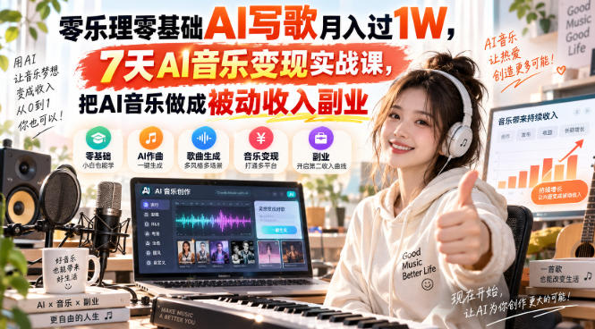 零乐理零基础AI写歌月入过1W,7天AI音乐变现实战课,把AI音乐做成被动收入副业采购|汽车产业|汽车配件|机加工企业家交流社群中心