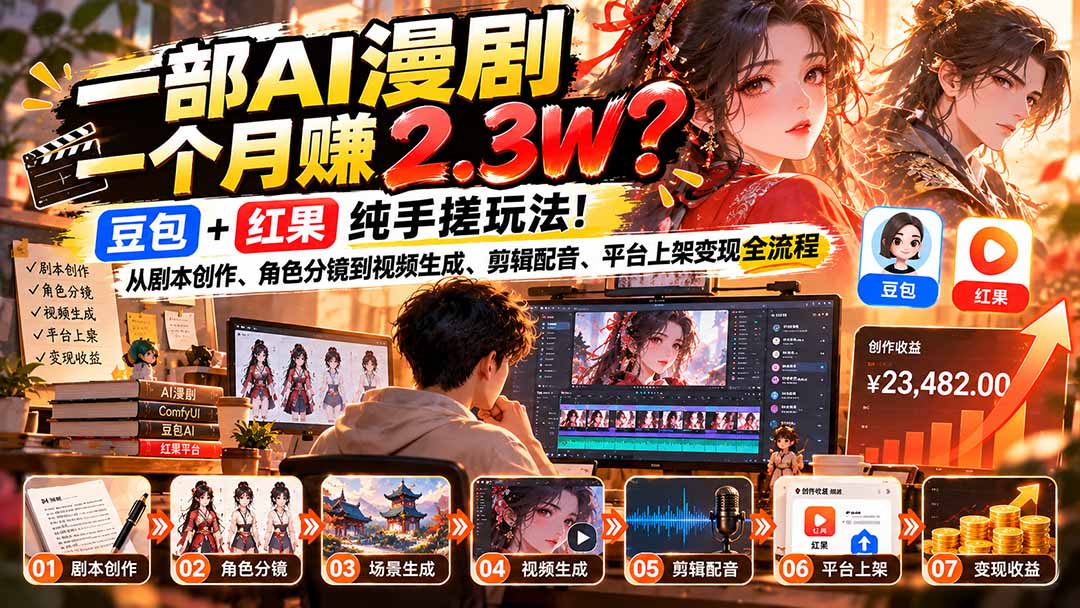 一部AI漫剧一个月赚2.3W？豆包+红果纯手搓玩法！从剧本创作、角色分镜到视频生成、剪辑配音、平台上架变现全流程采购|汽车产业|汽车配件|机加工企业家交流社群中心