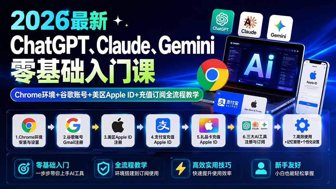 2026最新ChatGPT、Claude、Gemini零基础入门课:Chrome环境+谷歌账号+美区Apple ID+充值订阅全流程教学采购|汽车产业|汽车配件|机加工企业家交流社群中心