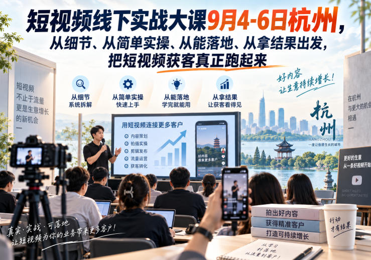 短视频线下实战大课9月4-6日杭州，从细节、从简单实操、从能落地、从拿结果出发，把短视频获客真正跑起来采购|汽车产业|汽车配件|机加工企业家交流社群中心