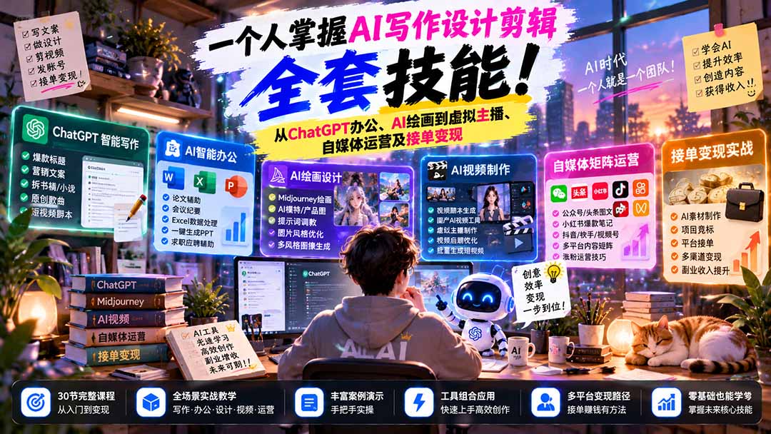 一个人掌握AI写作设计剪辑全套技能：从ChatGPT办公、AI绘画到虚拟主播、自媒体运营及接单变现采购|汽车产业|汽车配件|机加工企业家交流社群中心