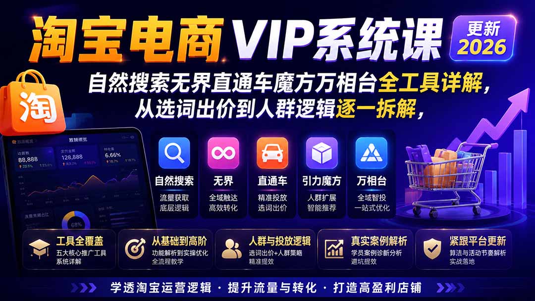 淘宝电商VIP系统课-更新8月；自然搜索无界直通车魔方万相台全工具详解，从选词出价到人群逻辑逐一拆解采购|汽车产业|汽车配件|机加工企业家交流社群中心