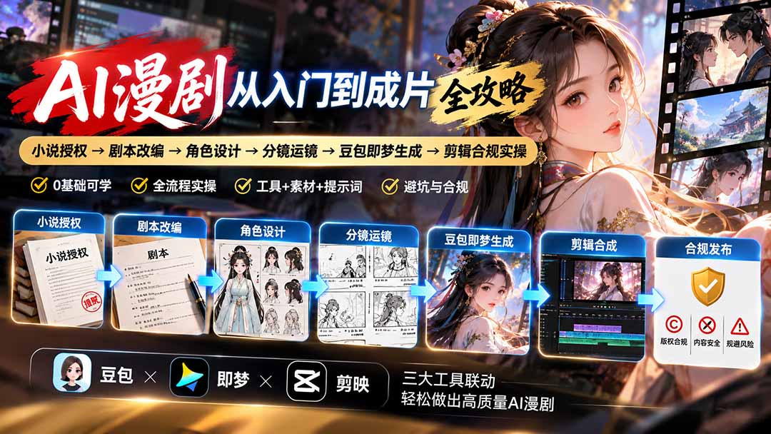 AI漫剧从入门到成片全攻略-更新1017:小说授权→剧本改编→角色设计→分镜运镜→豆包即梦生成→剪辑合规实操采购|汽车产业|汽车配件|机加工企业家交流社群中心