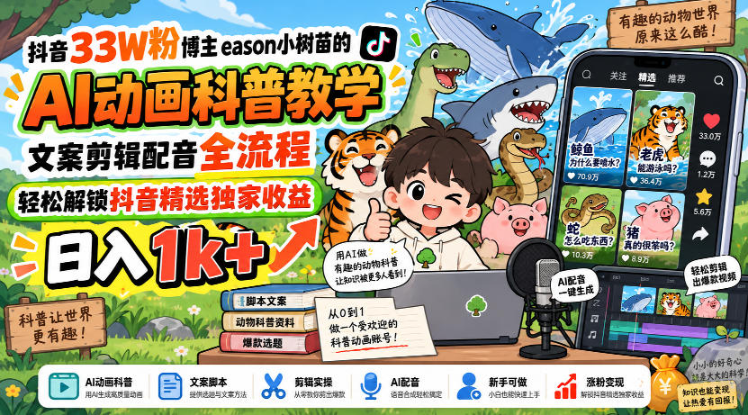 抖音33W粉博主eason小树苗的AI动画科普教学，文案剪辑配音全流程，轻松解锁抖音精选独家收益，日入1k+采购|汽车产业|汽车配件|机加工企业家交流社群中心