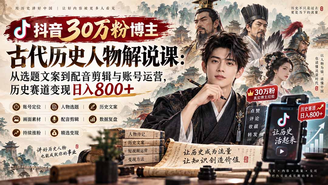抖音30万粉博主古代历史人物解说课:从选题文案到配音剪辑与账号运营,历史赛道变现日入800+采购|汽车产业|汽车配件|机加工企业家交流社群中心