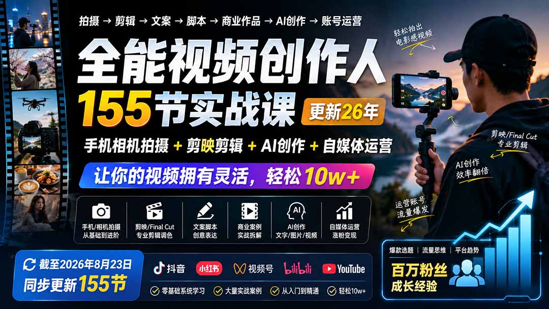 全能视频创作人155节实战课-更新26年8月：手机相机拍摄+剪映剪辑+AI创作+自媒体运营，让你的视频拥有灵活，轻松10w采购|汽车产业|汽车配件|机加工企业家交流社群中心