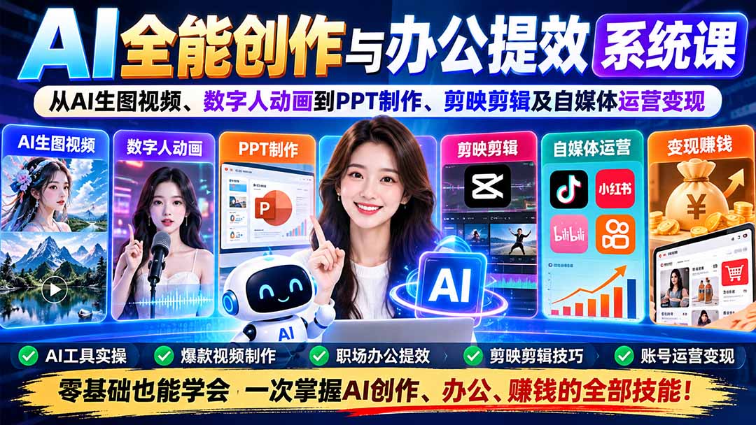 AI全能创作与办公提效系统课:从AI生图视频、数字人动画到PPT制作、剪映剪辑及自媒体运营变现采购|汽车产业|汽车配件|机加工企业家交流社群中心
