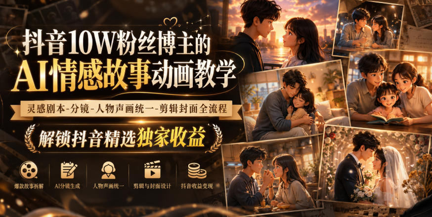 抖音10W粉丝博主的AI情感故事动画教学，灵感剧本‑分镜‑人物声画统一‑剪辑封面全流程，解锁抖音精选独家收益采购|汽车产业|汽车配件|机加工企业家交流社群中心