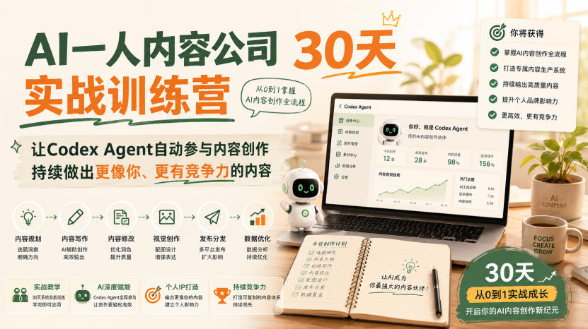 AI一人内容公司30天实战训练营，让Codex Agent自动参与内容创作持续做出更像你、更有竞争力的内容采购|汽车产业|汽车配件|机加工企业家交流社群中心