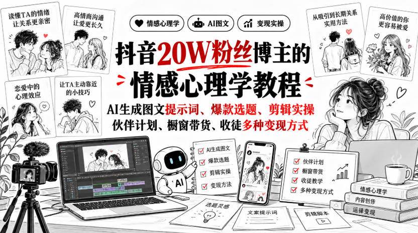 抖音20W粉丝博主静候心声的情感心理学教程，AI生成图文提示词、爆款选题、剪辑实操，伙伴计划、橱窗带货、收徒多种变现方式采购|汽车产业|汽车配件|机加工企业家交流社群中心