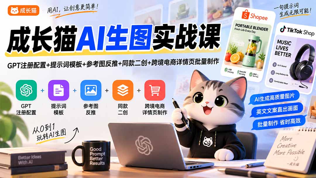 成长猫AI生图实战课｜GPT注册配置+提示词模板+参考图反推+同款二创+跨境电商详情页批量制作采购|汽车产业|汽车配件|机加工企业家交流社群中心