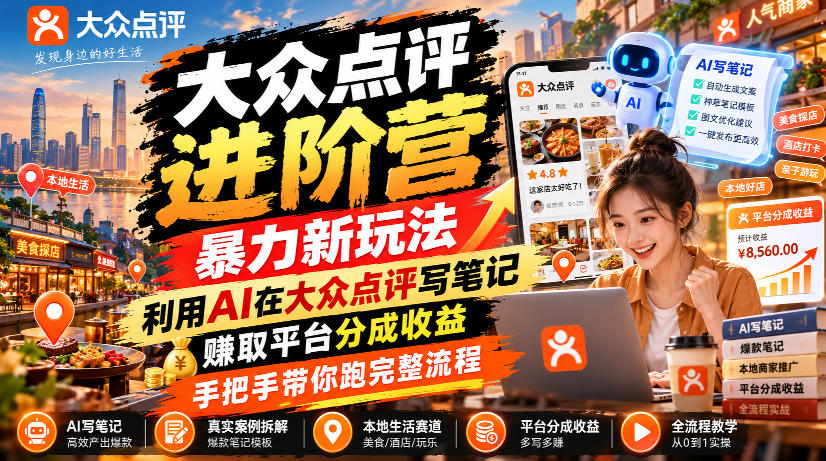 大众点评进阶营,暴力新玩法,利用AI在大众点评写笔记, 賺取平台分成收益,手把手带你跑完整流程采购|汽车产业|汽车配件|机加工企业家交流社群中心