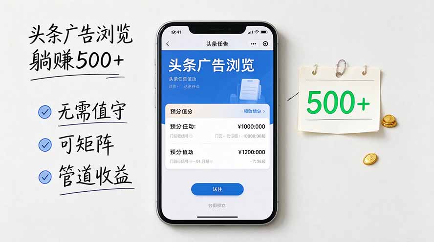 头条广告浏览躺赚500+无需值守,可矩阵并附有管道收益采购|汽车产业|汽车配件|机加工企业家交流社群中心